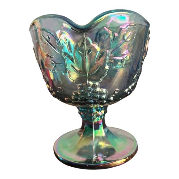 Vintage Harvest Blue Iridescent Carnival Glass Open Sugar Bowl & Creamer Grapes - Picture 6 of 11